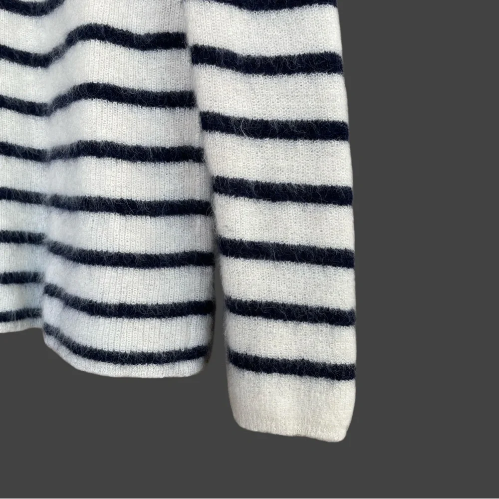 SEZANE Cream Navy Striped Mohair Alpaca Wool Reversible Gaspard Cardigan Sweater - Picture 9 of 17